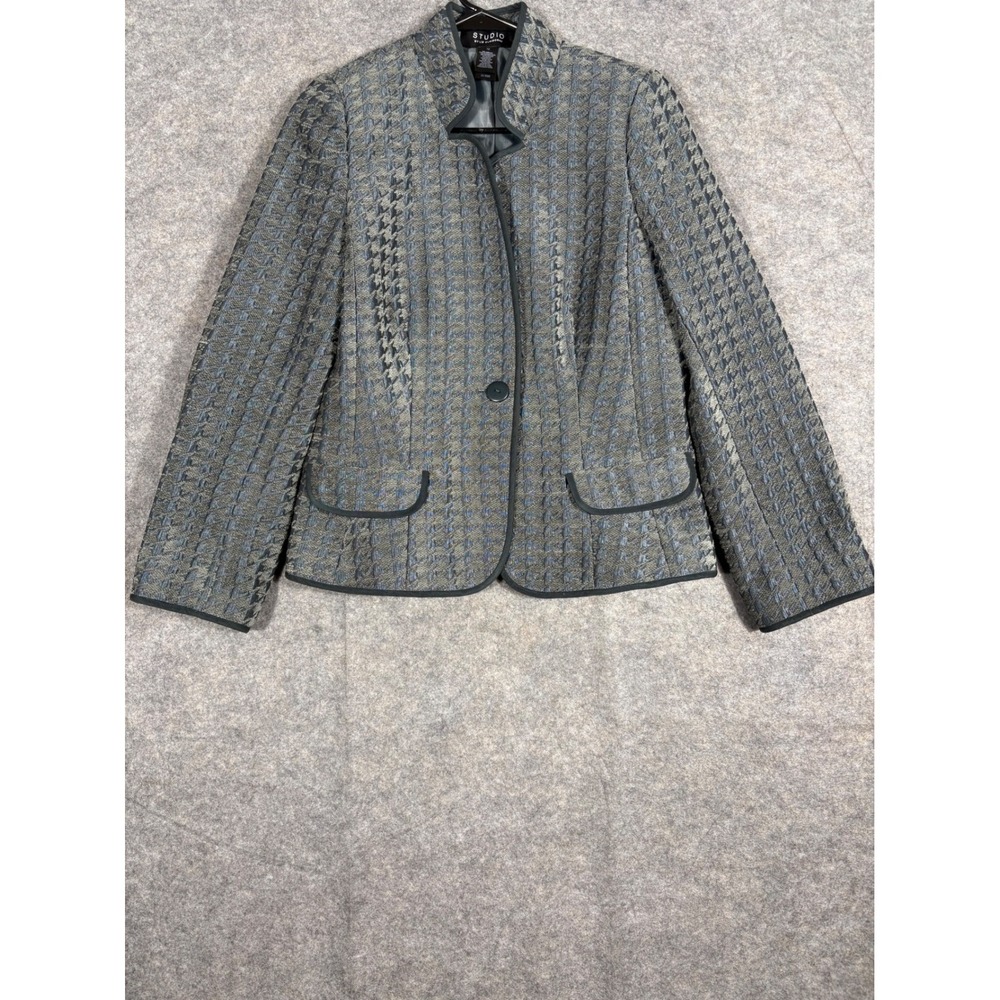 Studio by Liz Claiborne Women Houndstooth Blazer Gray Button Front Size 10